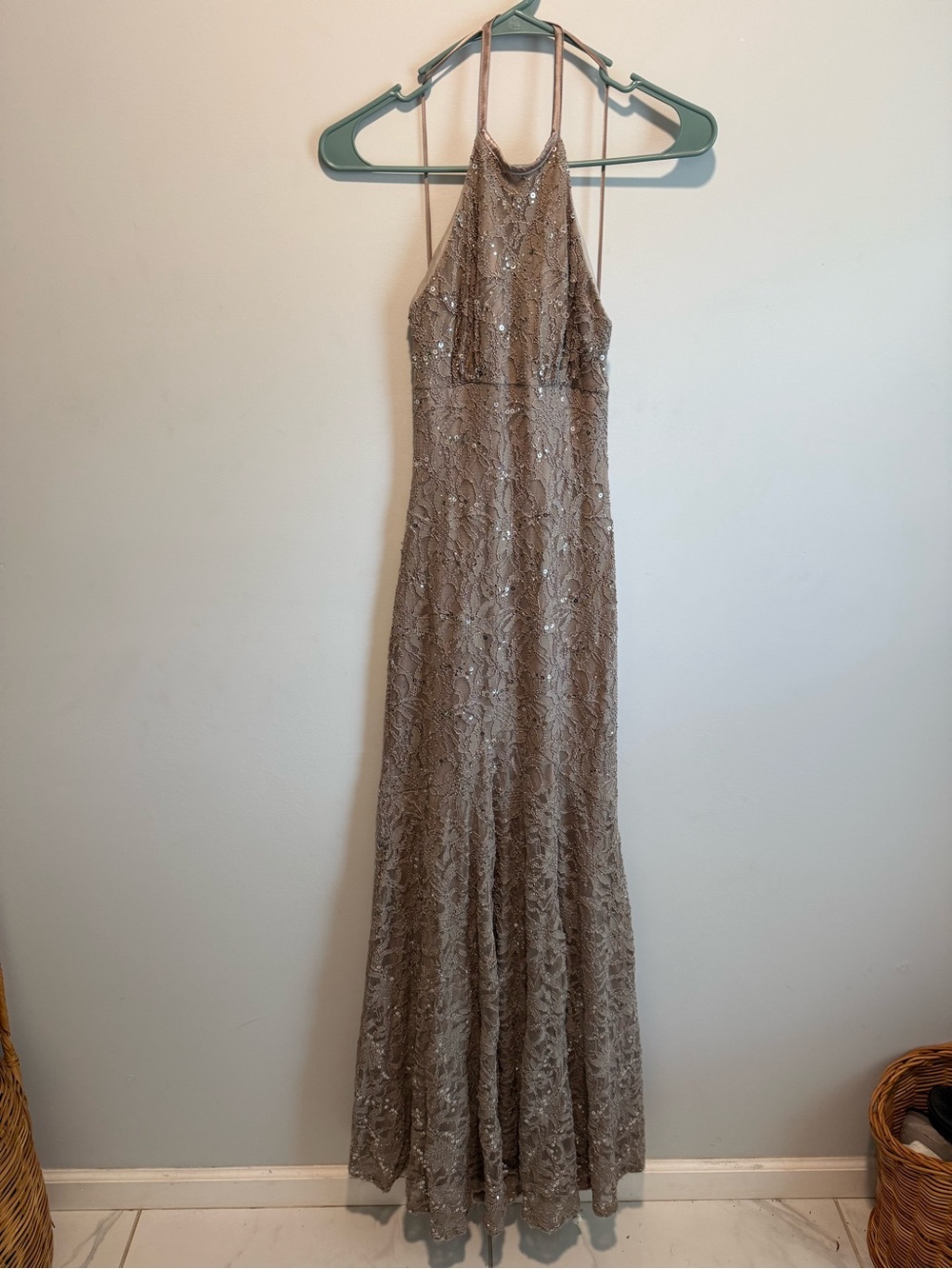 Taupe Sequin Lace Halter Evening Dress